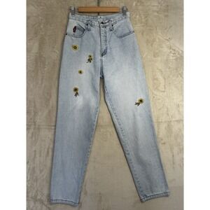 Vintage LEI Sunflower Embroidered High Waisted Mom Jeans Light Wash 9